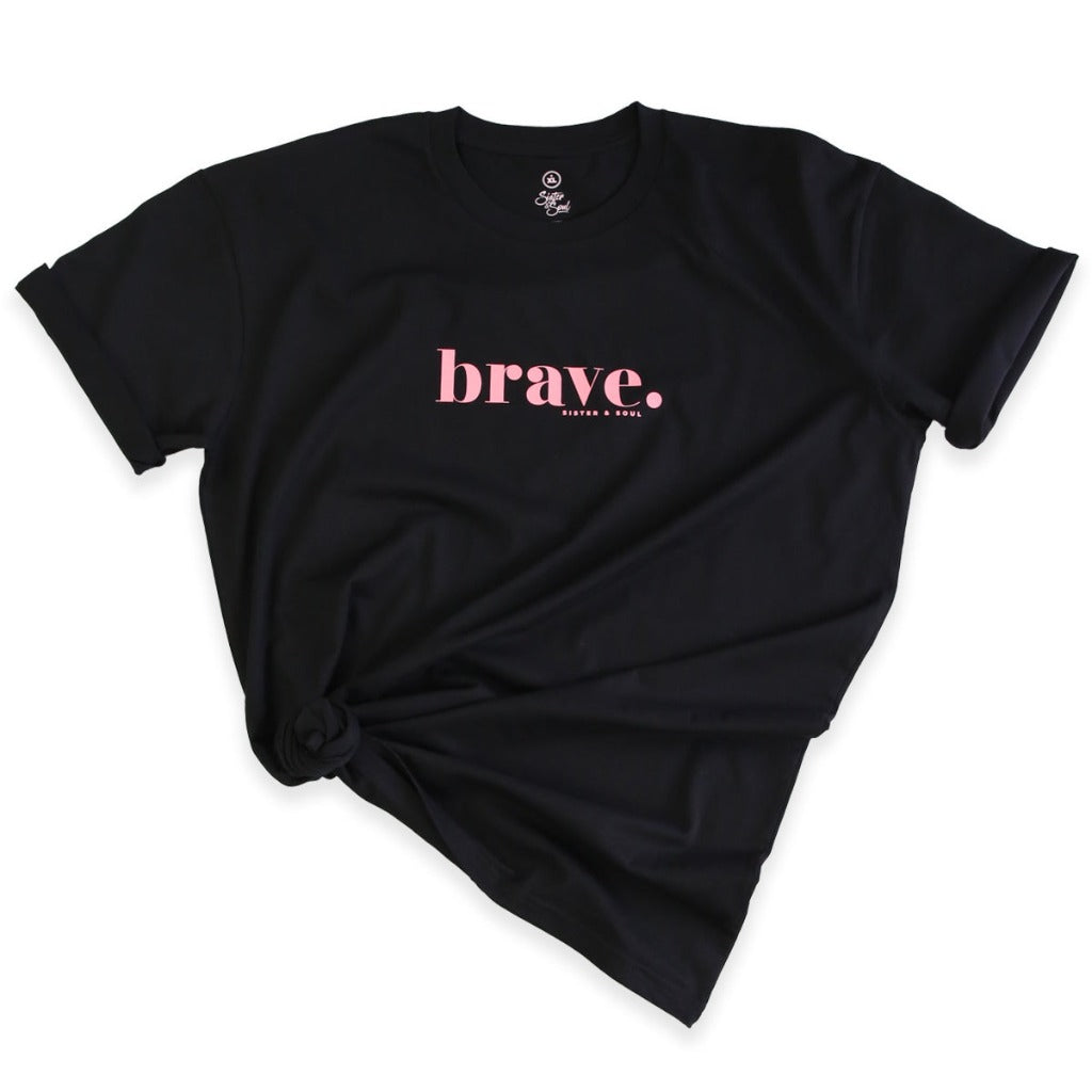 Black Plus Size Women's Tee with Pink Brave Print. Corporate Fundraiser for The National Breast Cancer Foundation 