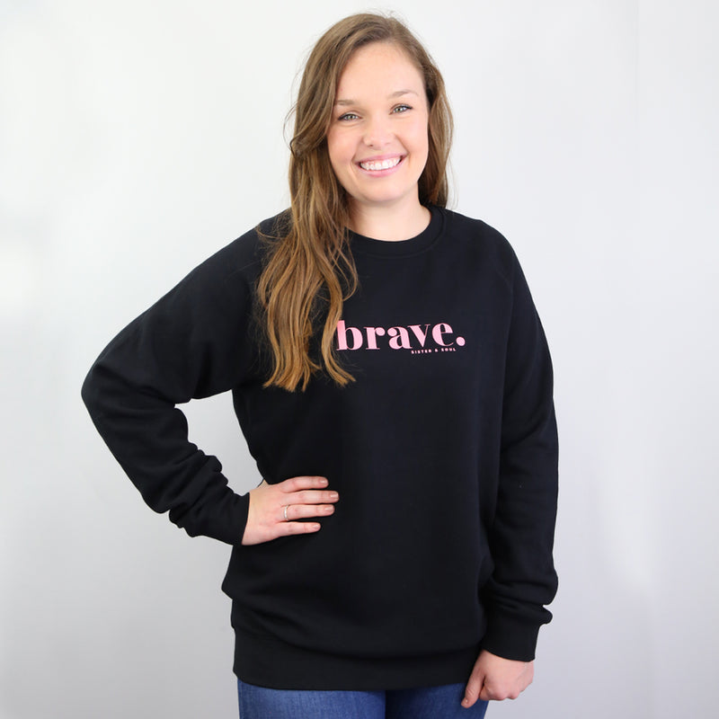 Black Women's Crew Neck Jumper Loungewear with pink Brave Print. Corporate fundraiser for The National Breast Cancer Foundation. 