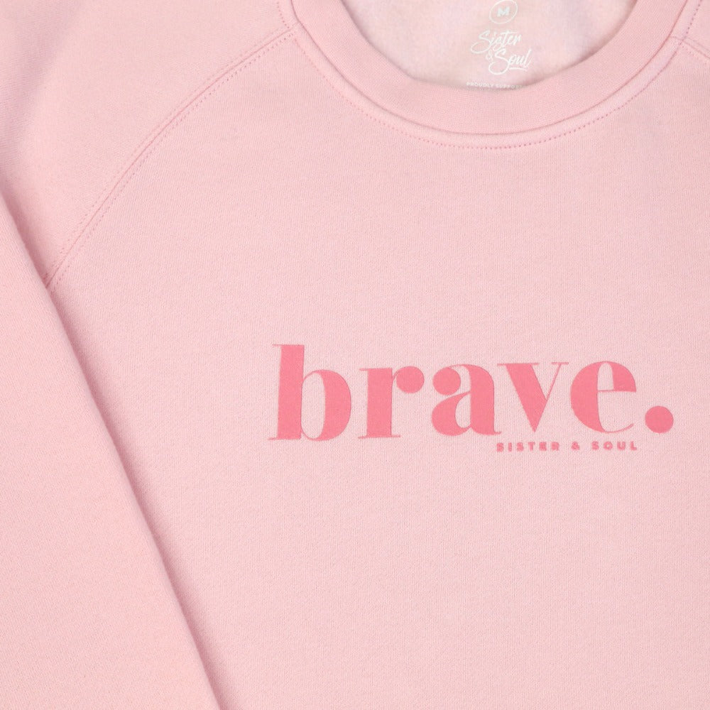 SOFT PINK crew neck jumper, sloppy joe with pink brave pink print. Fundraiser for the national breast cancer foundation.