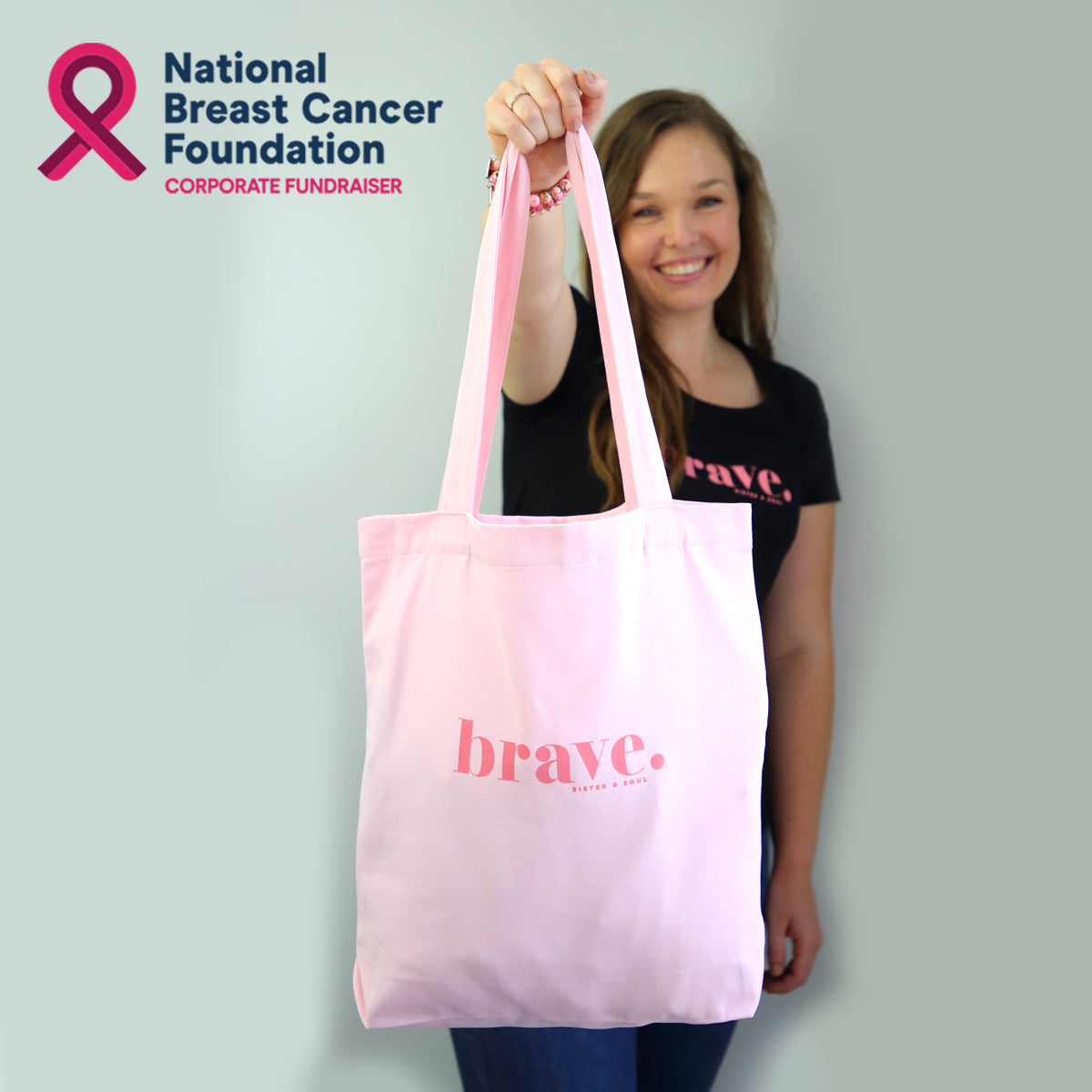 Pink Canvas Tote Bag with BRAVE print. Corporate Fundraiser for The National Breast Cancer Foundation t