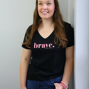  Black V-Neck Wo9men's T-shirt with pink brave screen print. Fundraiser for the national breast cancer foundation.