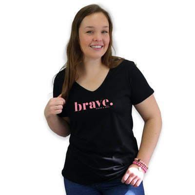 Black V-Neck Wo9men's T-shirt with pink brave screen print. Fundraiser for the national breast cancer foundation.
