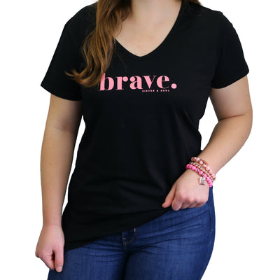 Black V-Neck Wo9men's T-shirt with pink brave screen print. Fundraiser for the national breast cancer foundation.