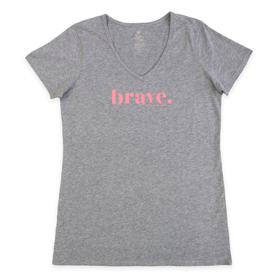 Grey Marle V-Neck Wo9men's T-shirt with pink brave screen print. Fundraiser for the national breast cancer foundation.