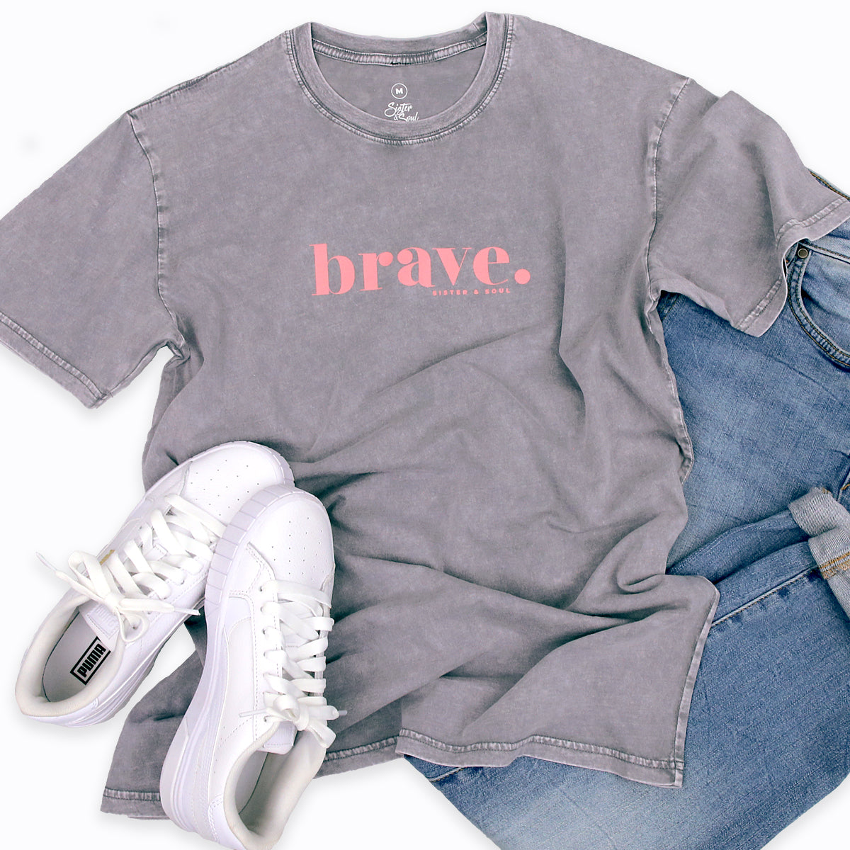 BRAVE - Ash Stone Wash Boyfriend Tee - Pink Print