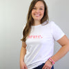 White Women's Tee with PInk Brave Print. Fundraising for Breast Cancer Research
