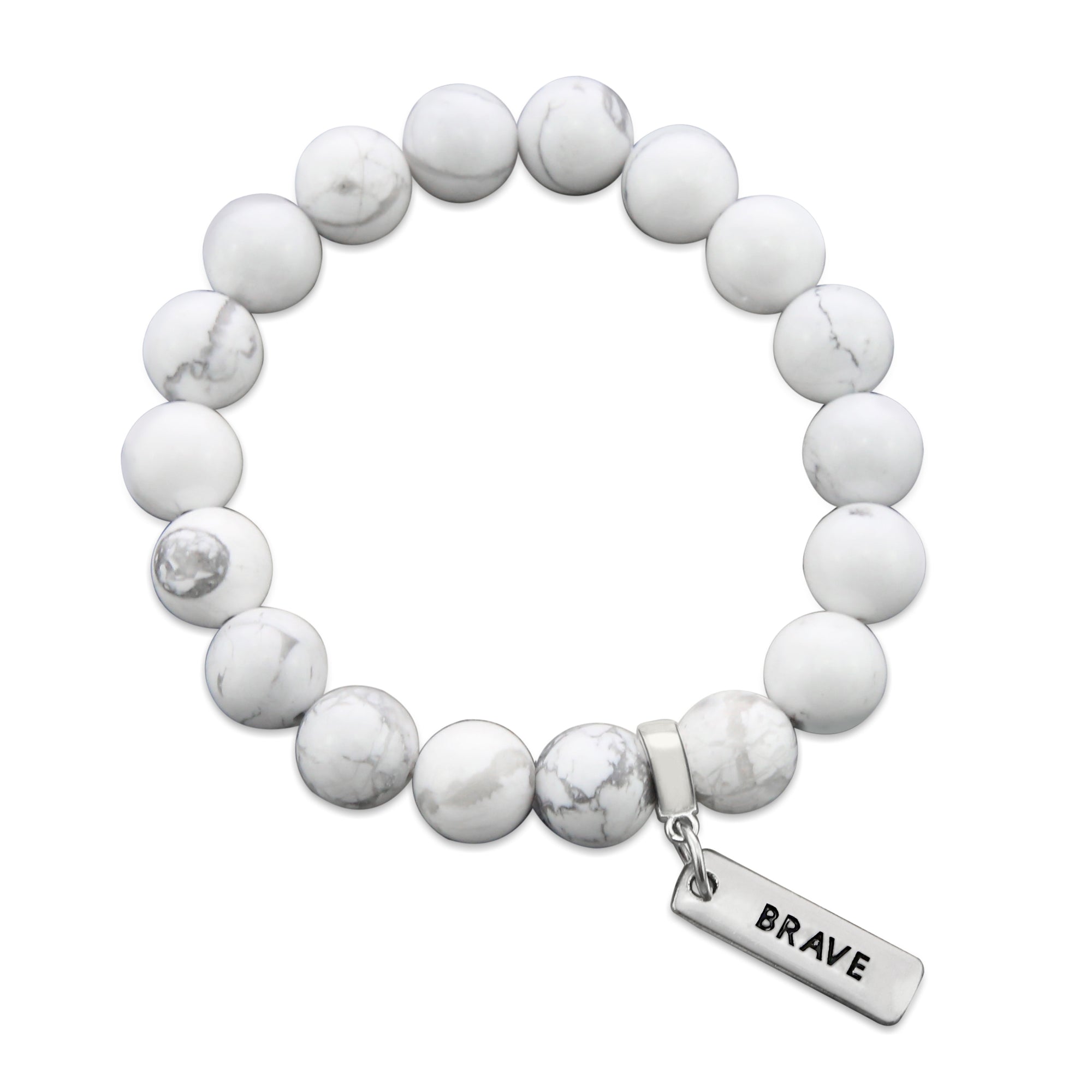 White marble howlite stone bead bracelet with silver word charm.