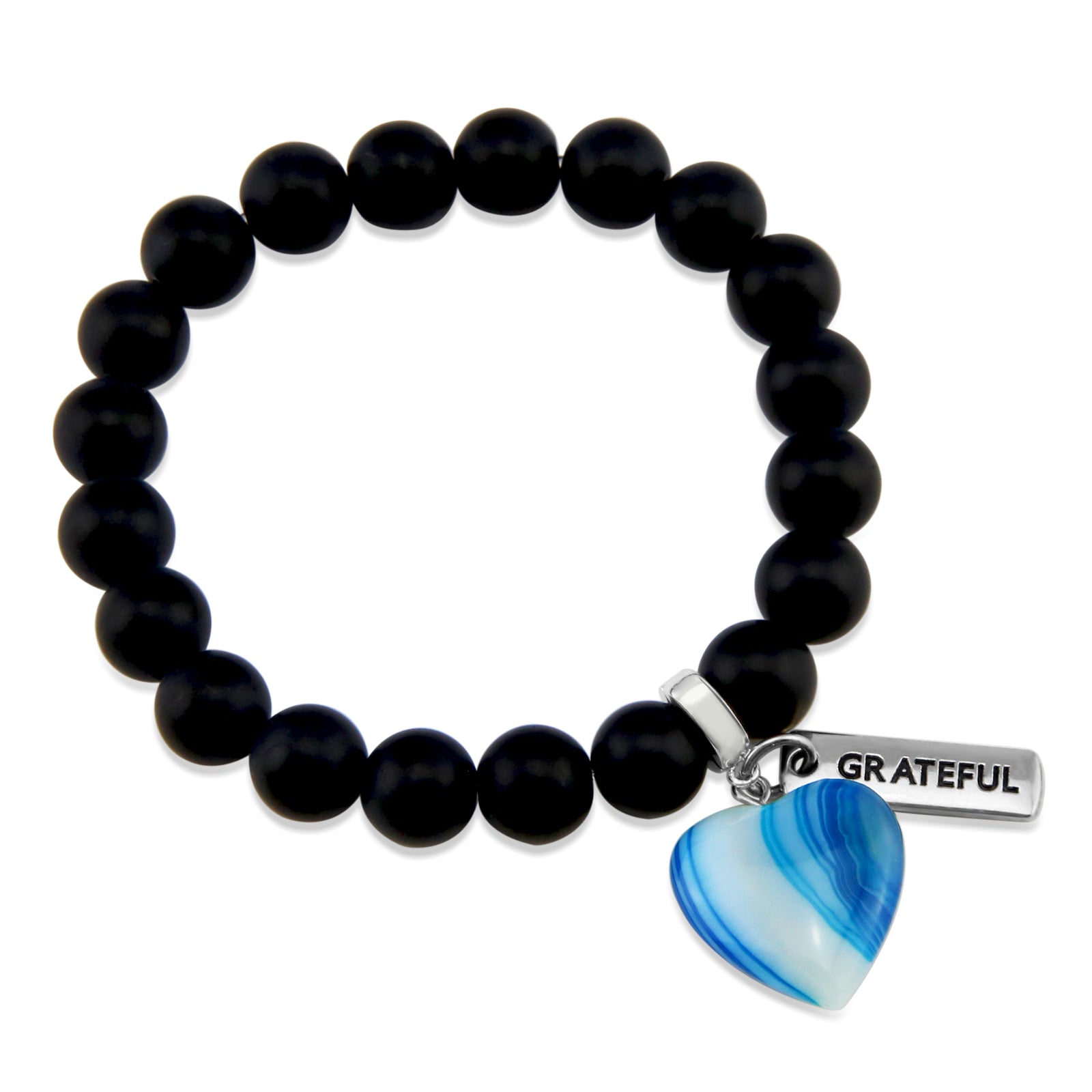SWEETHEART Bracelet - 10mm MATT BLACK ONYX stone beads with BLUE Heart & Word Charm