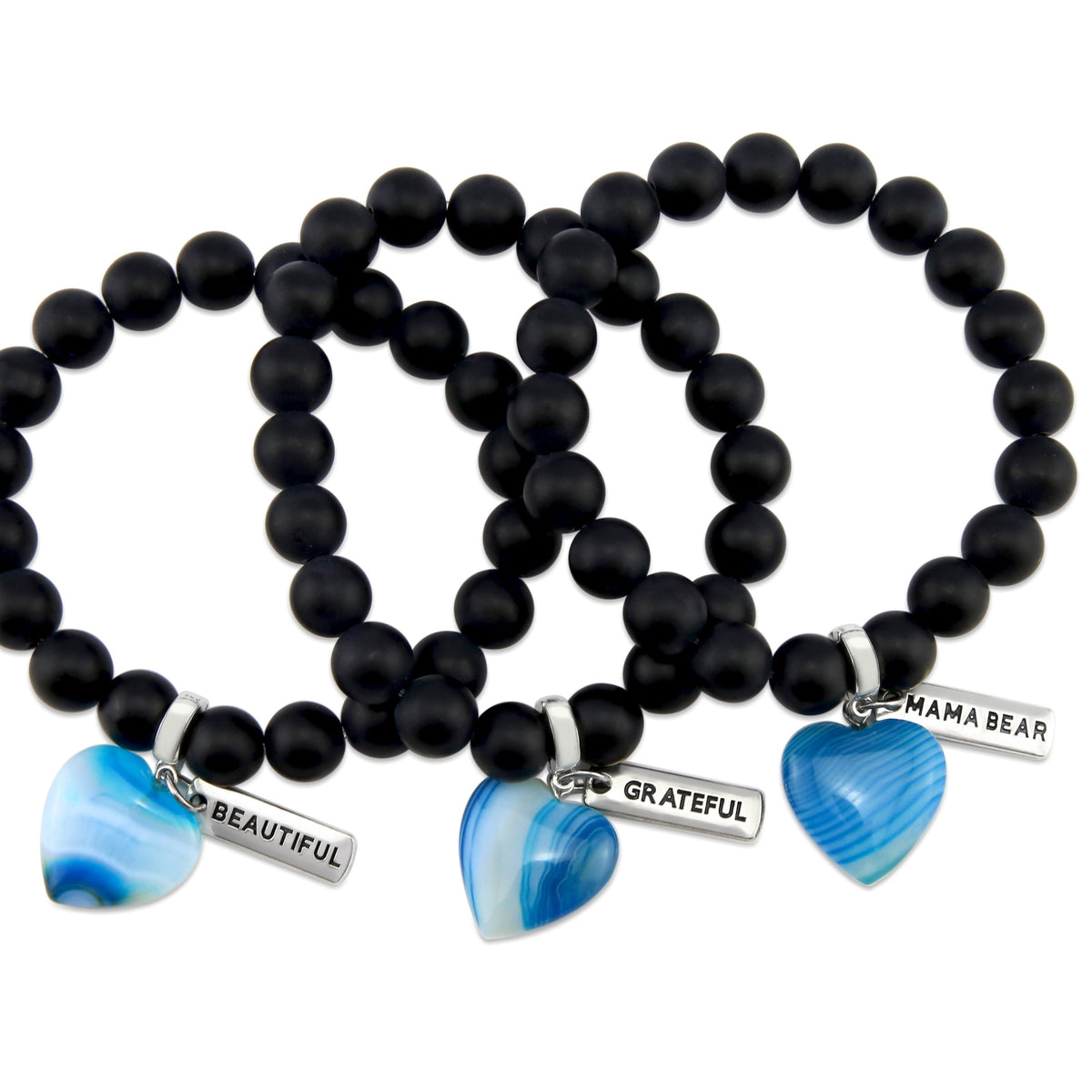 SWEETHEART Bracelet - 10mm MATT BLACK ONYX stone beads with BLUE Heart & Word Charm