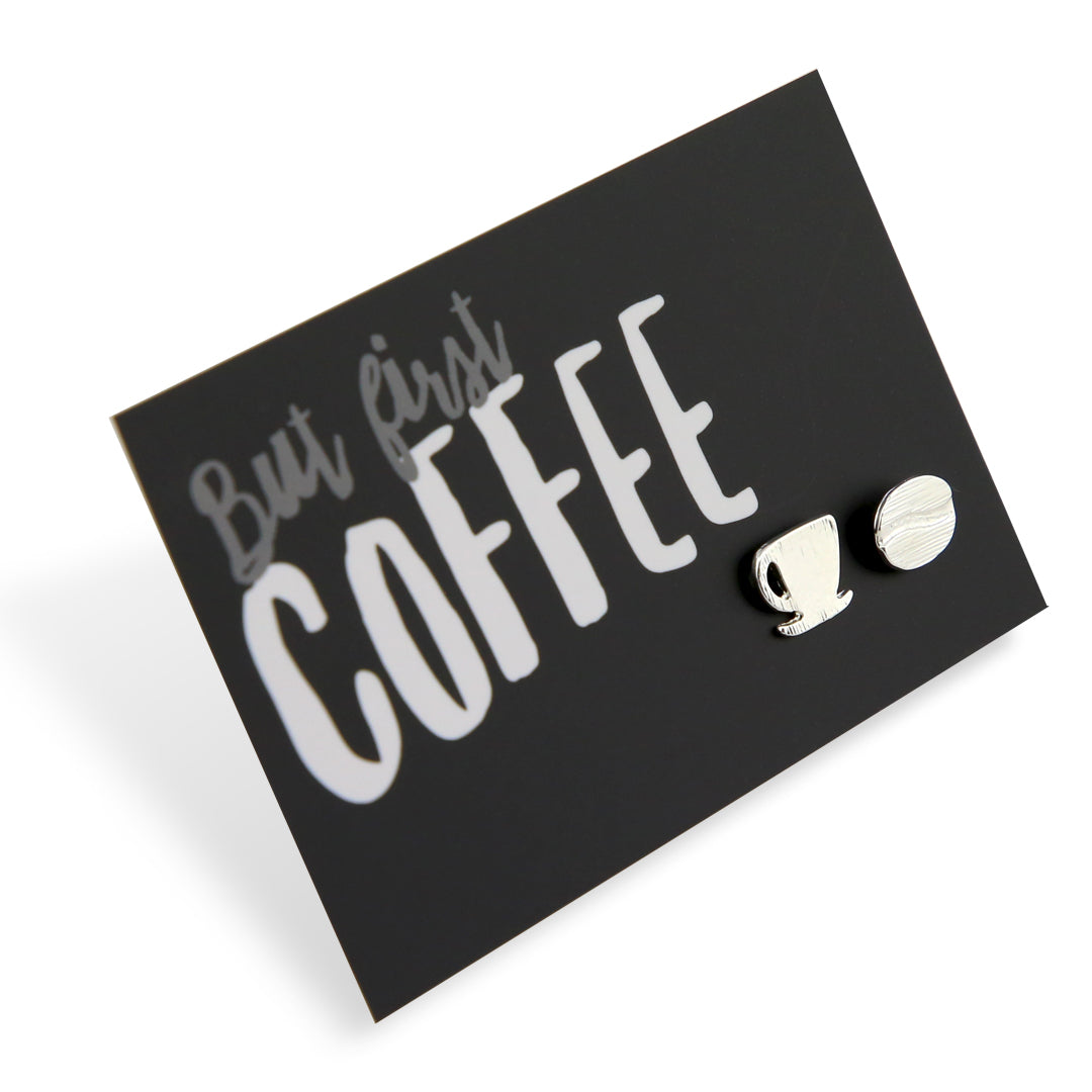 But First Coffee! Plated Stud Earrings - Silver (9703)