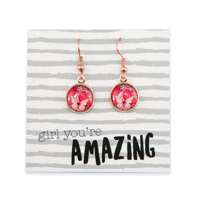 PINK COLLECTION - Girl You're Amazing - Rose Gold Dangle Earrings - Butterfly Patch (9816)