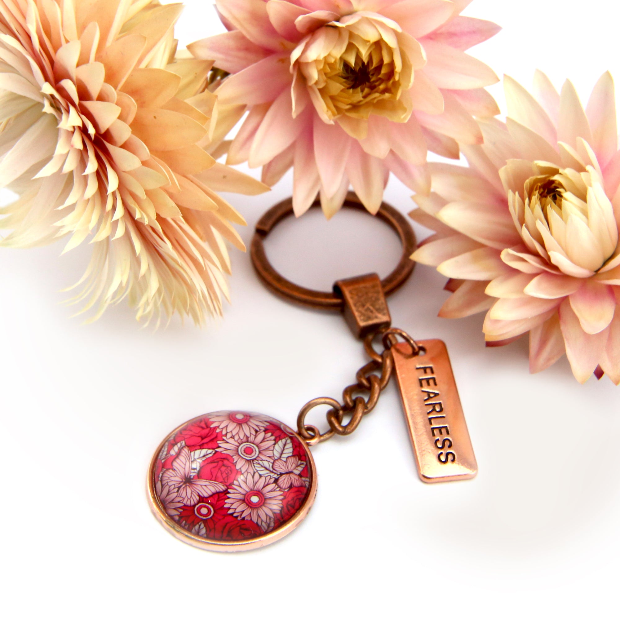 PINK COLLECTION - Vintage Rose Gold 'FEARLESS'  Keyring - Butterfly Patch (10542)