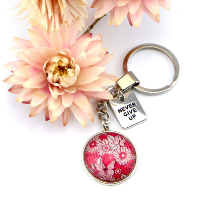 PINK COLLECTION - Vintage Silver 'NEVER GIVE UP'  Keyring -  Butterfly Patch (10343)