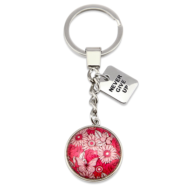 PINK COLLECTION - Vintage Silver 'NEVER GIVE UP'  Keyring -  Butterfly Patch (10343)