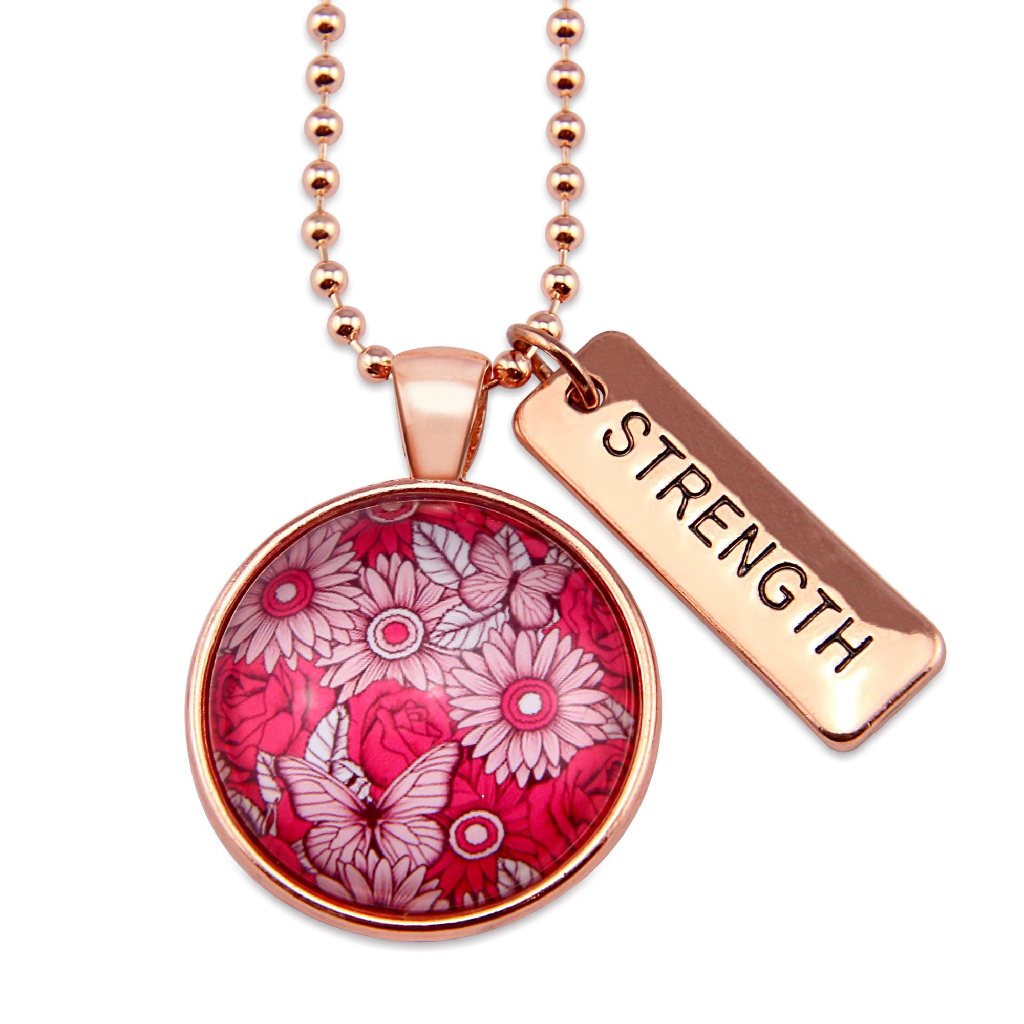 PINK COLLECTION - Rose Gold 'STRENGTH' Circle Necklace - Butterfly Patch (10663)