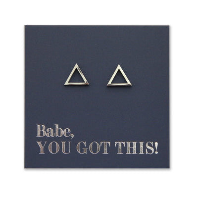 Silver Open Triangle stainless steel stud earring on Silver foil Babe, You Got This card
