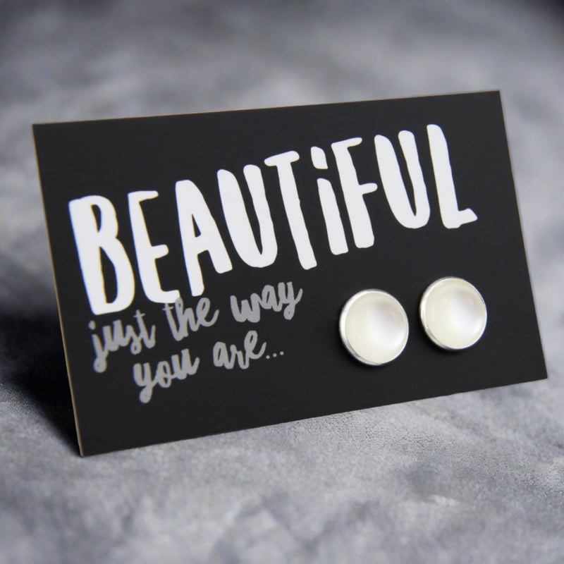 Beautiful Just The Way You Are - Bright Silver 12mm Circle Stud - White Pearl Resin (11855)
