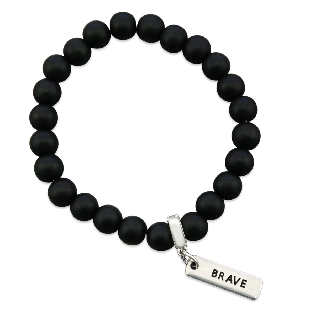 Black onyx stone bead bracelet with silver meaningful charm. 
