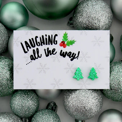 Green glitter sparkle christmas tree shaped studs on laughing all the way studs