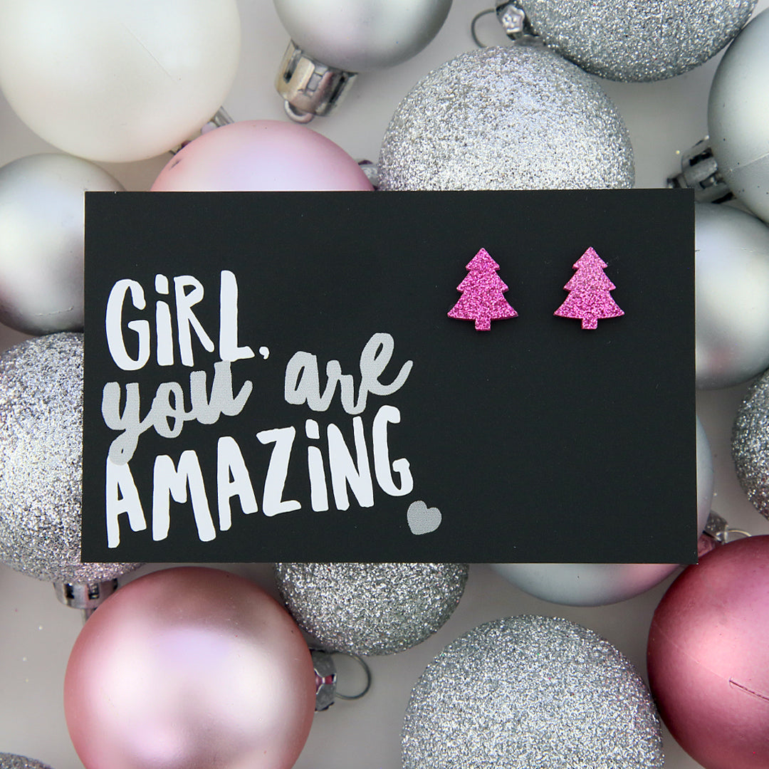 Sparkle Acrylic Studs - Girl You Are Amazing - Pink Glitter Christmas Tree (10462)
