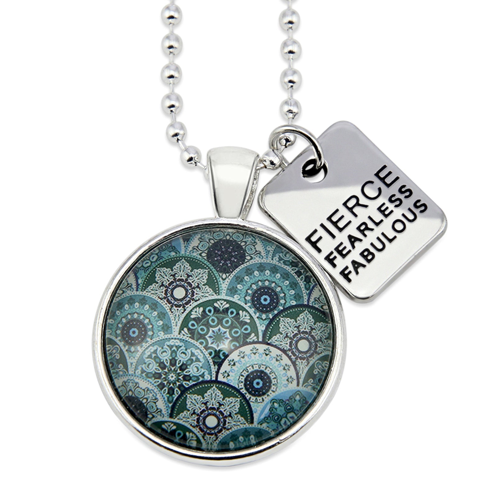 Teal print mandala pendant necklace in bright silver with fierce fearless fabulous charm. 