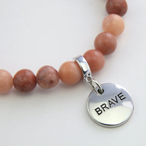 Stone Bracelet - Cream & Clay Agate 8mm Beads - With Silver Word Charms