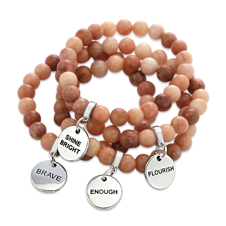 Stone Bracelet - Cream & Clay Agate 8mm Beads - With Silver Word Charms