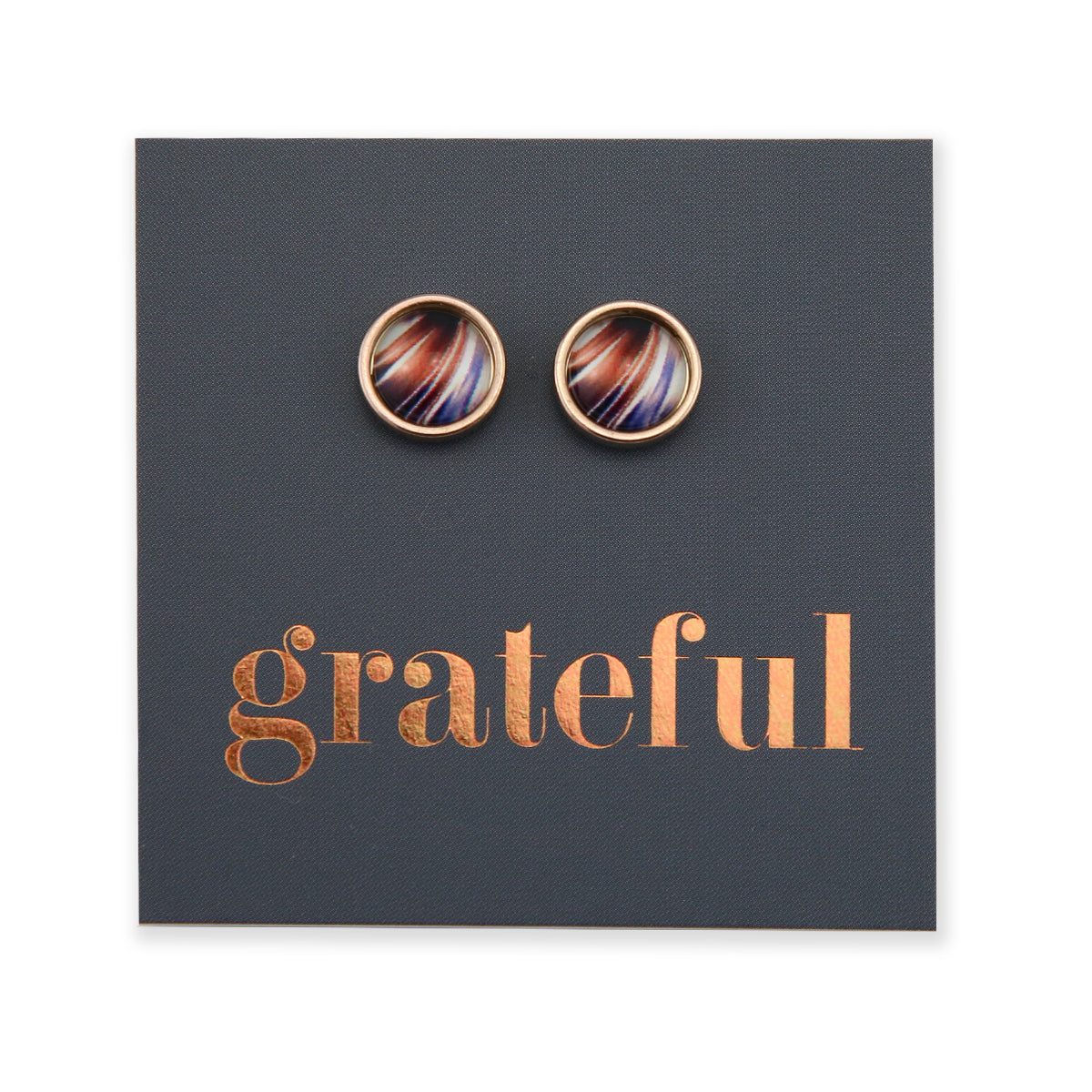 Beautiful rose gold stainless steel circle stud hypoallergenic earrings with metallic print on grateful gift card.     