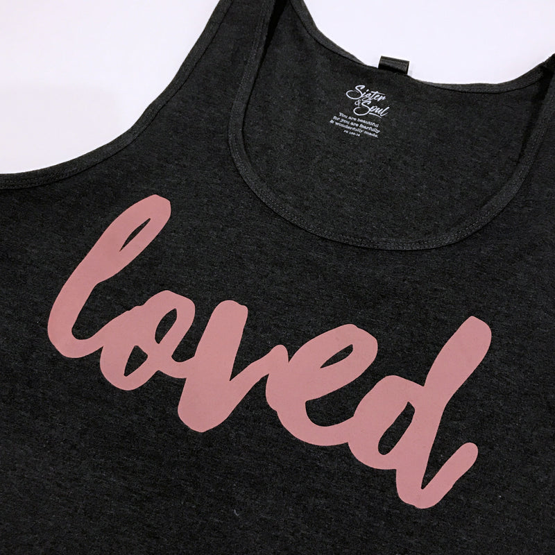 LOVED Tank - Charcoal Marle - Dusty Blush Pink Print