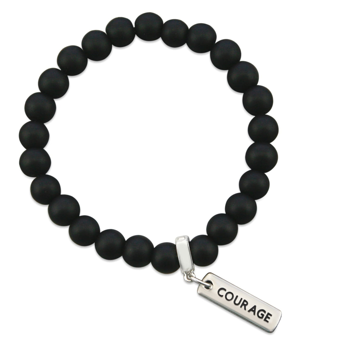 Black onyx stone bead bracelet with silver meaningful charm. 