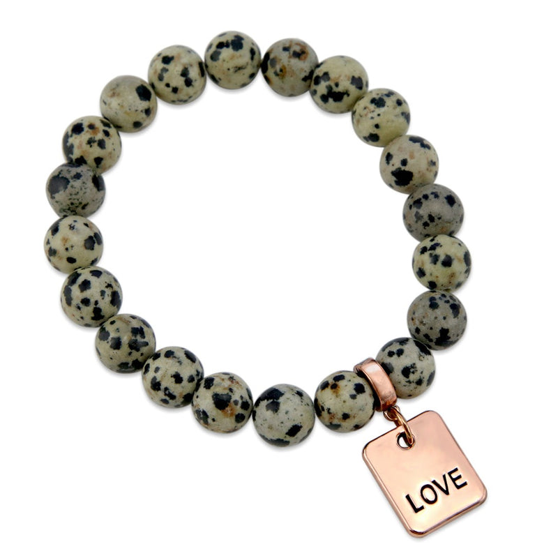 Stone Bracelet - Dalmatian Stone - 10mm beads with Rose Gold Word charm