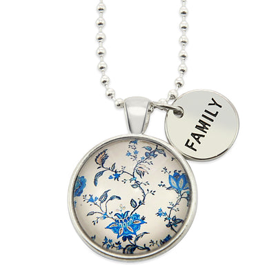 Beautiful vintage china blues pendant necklace - word charm family - Sister & soul - beautiful gifts for friends sisters Mums & girlfriends - designed to encourage and uplift - Australian business
