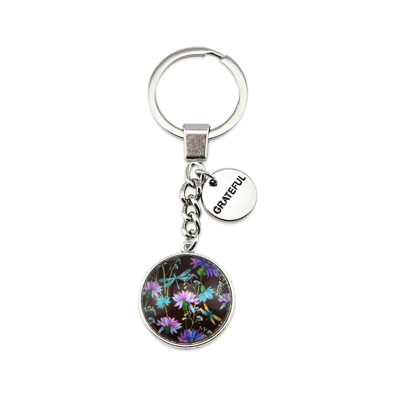 Wildflower Collection - Vintage Silver Keyring with 'GRATEFUL' Charm - Dragonfly Grove (11331)