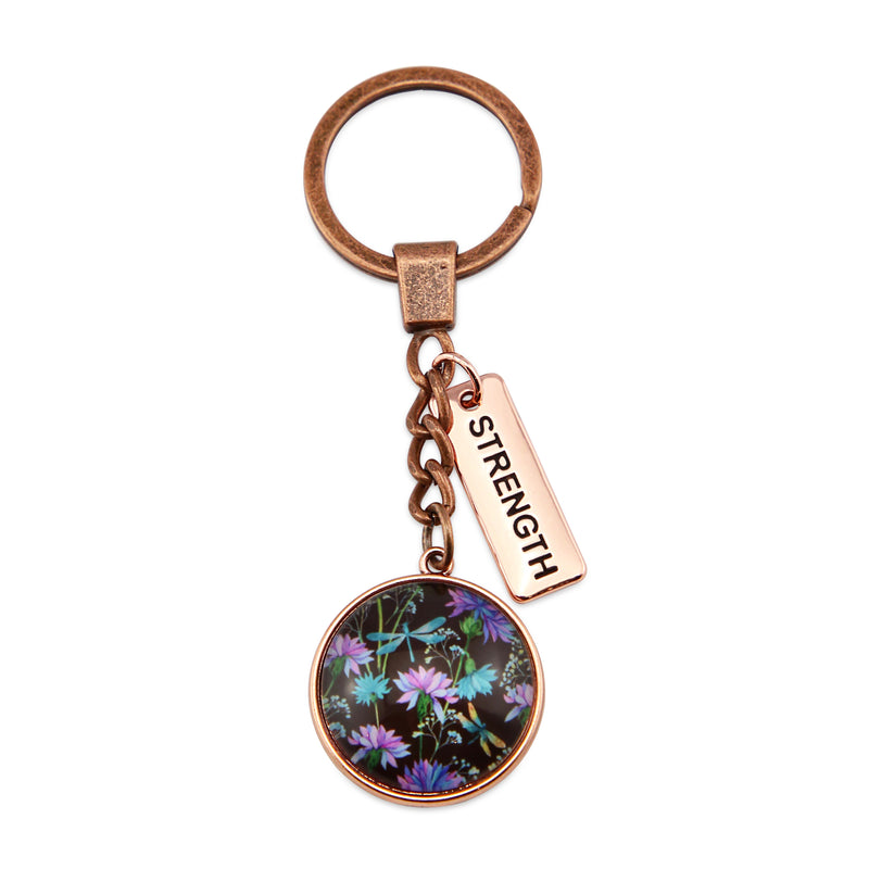 Wildflower Collection - Vintage Rose Gold Keyring with 'STRENGTH' Charm - Dragonfly Grove (10644)