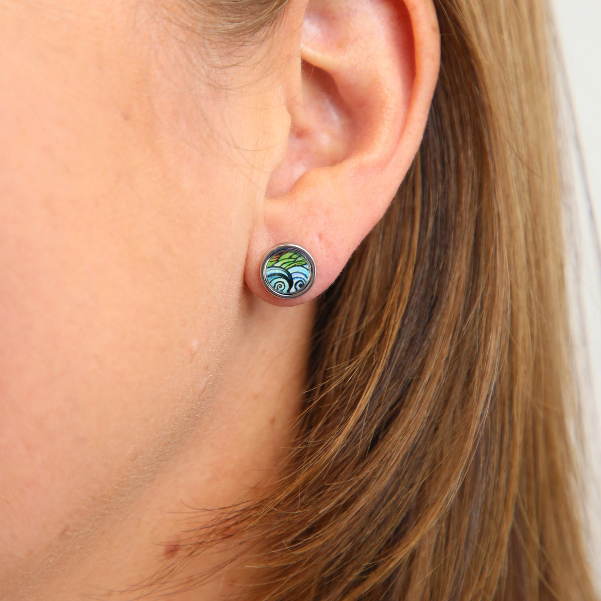 Heart & Soul Collection - Dream Explore Create - Silver Stainless Steel 8mm Circle Studs - Ocean & Earth (12841)