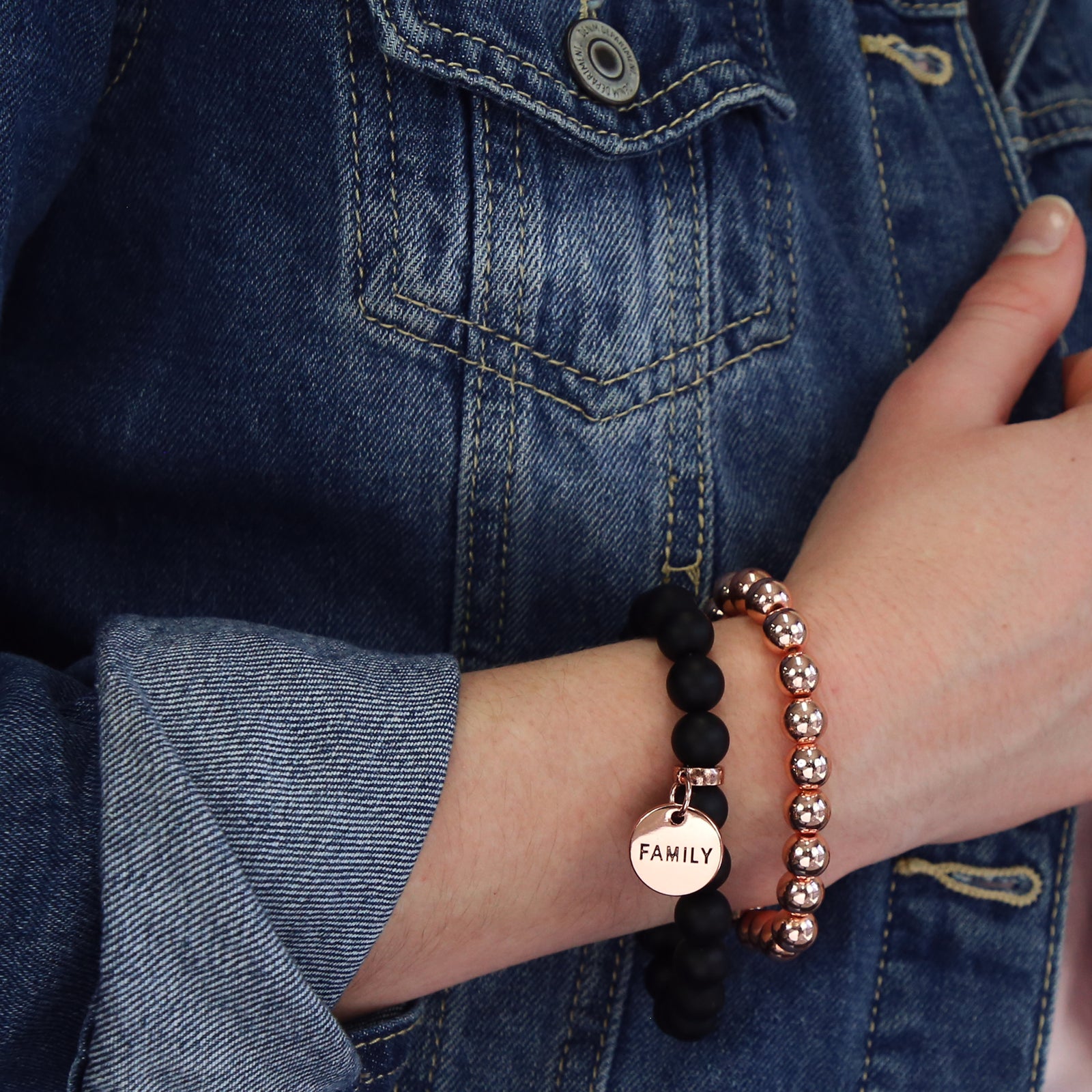 Stone Bead Bracelet Duo. Matt Black Onyx stone with rose gold clip and COURAGE word charm with rose gold hematite stacker bracelet. 