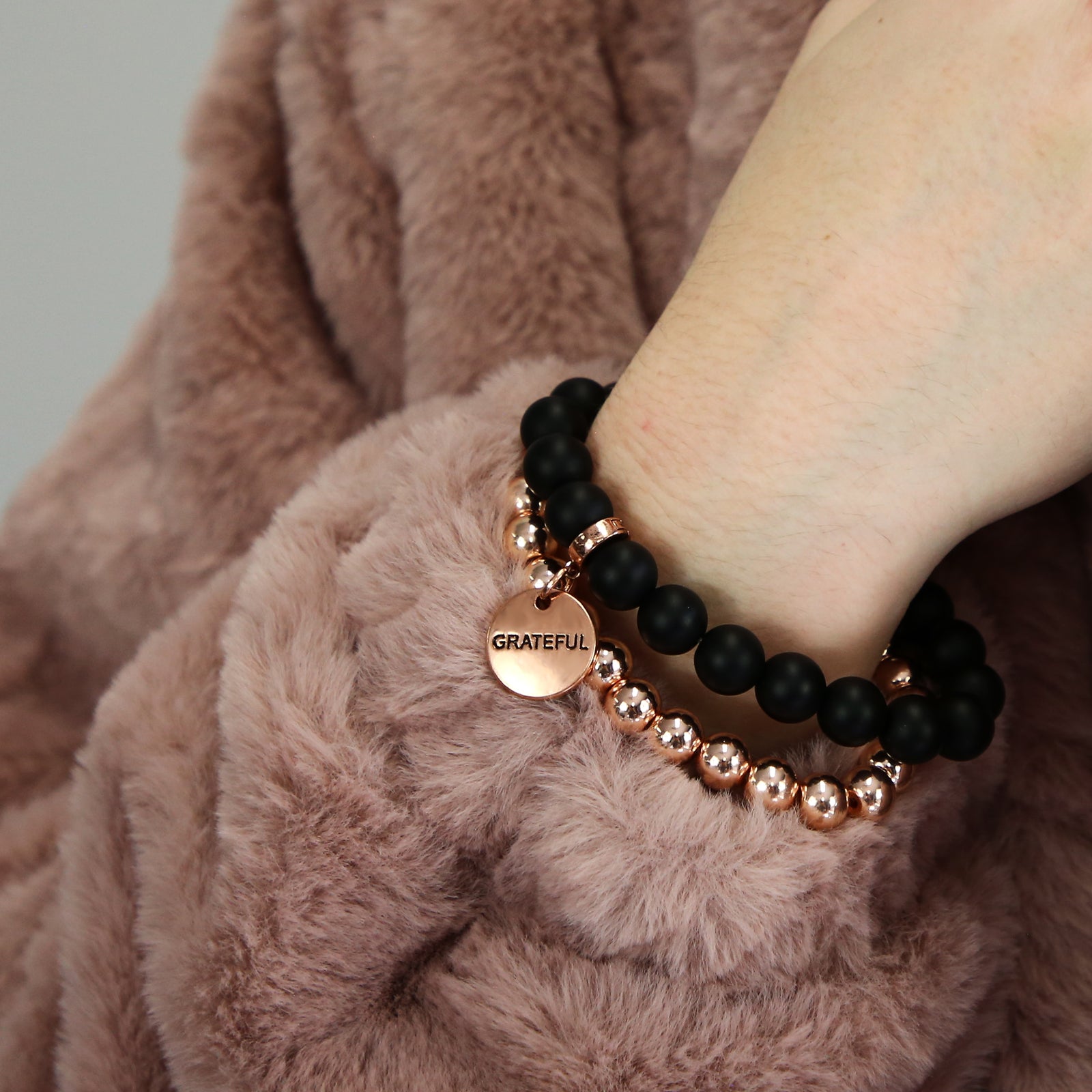 Stone Bead Bracelet Duo. Matt Black Onyx stone with rose gold clip and GRATEFUL word charm with rose gold hematite stacker bracelet. 