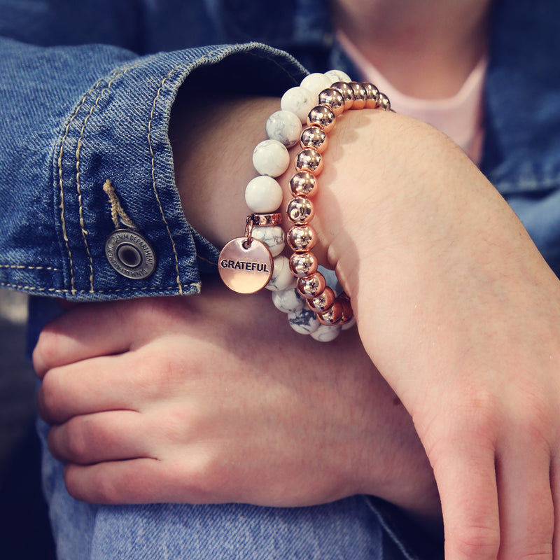 Rose Gold & White Marble bead bracelet stacker Bracelet Duo set with rose gold grateful charm