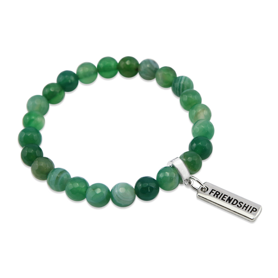 Stone Bracelet - Emerald Green Faceted Agate 8mm Beads - With Silver Word Charms