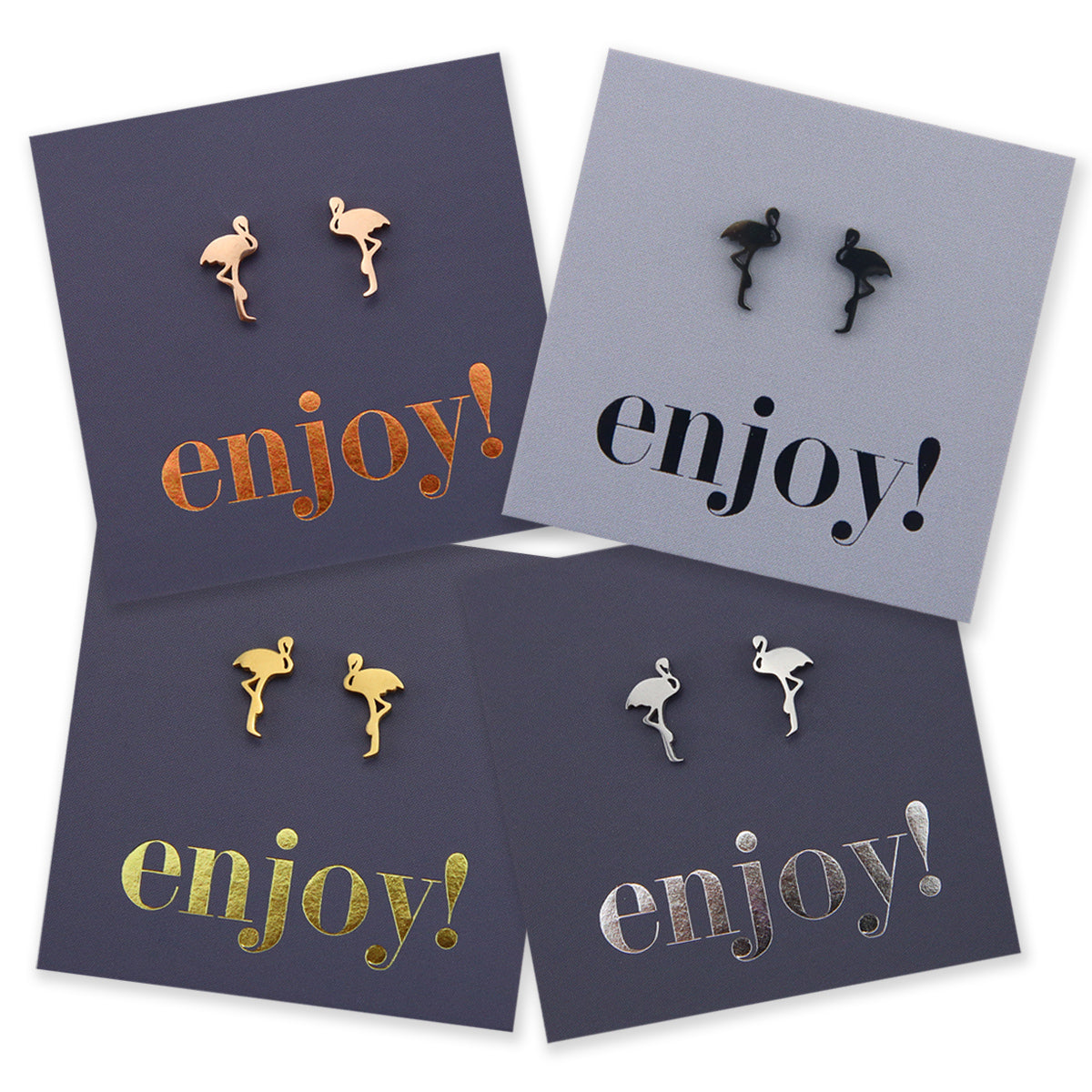 Flamingo shapes stainless steel earring studs on enjoy card. 