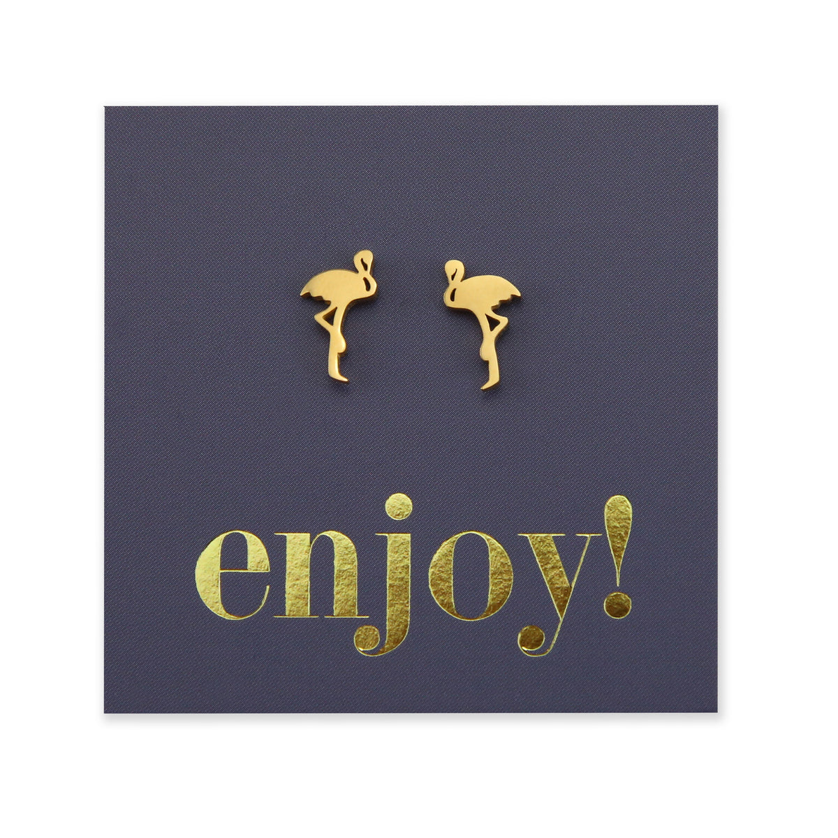 Flamingo shapes stainless steel earring studs on enjoy card. 