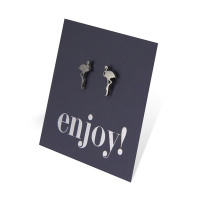 Flamingo shapes stainless steel earring studs on enjoy card.