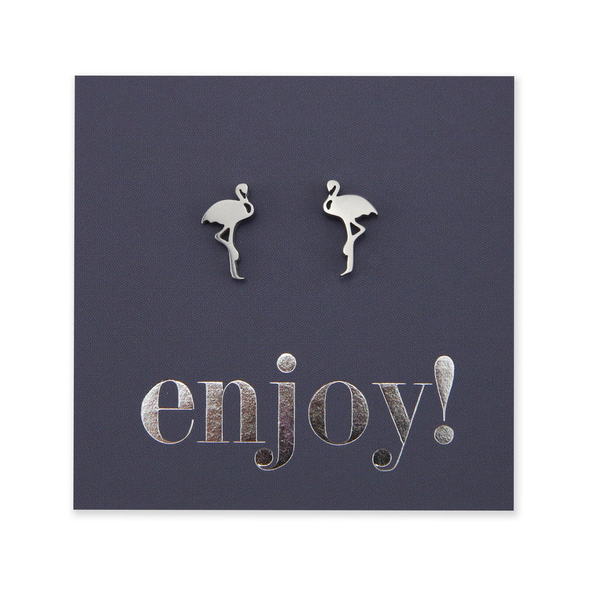 Flamingo shapes stainless steel earring studs on enjoy card. 