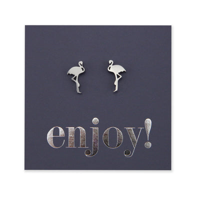 Flamingo shapes stainless steel earring studs on enjoy card.