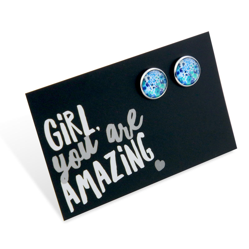 TEAL COLLECTION - Girl You Are Amazing - Bright Silver 12mm Circle Studs - Fandango Blue (12065)