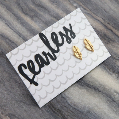 Fearless Feather Cute Earring Studs gold plated on Fearless gift card.