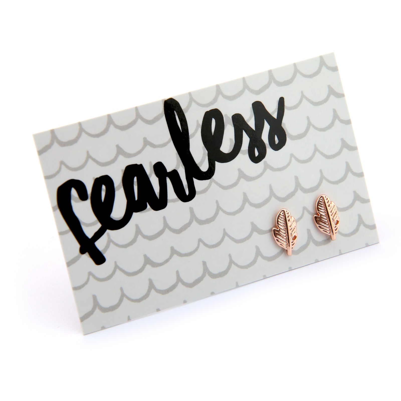 Fearless gift card with rose gold feather stud earring. 