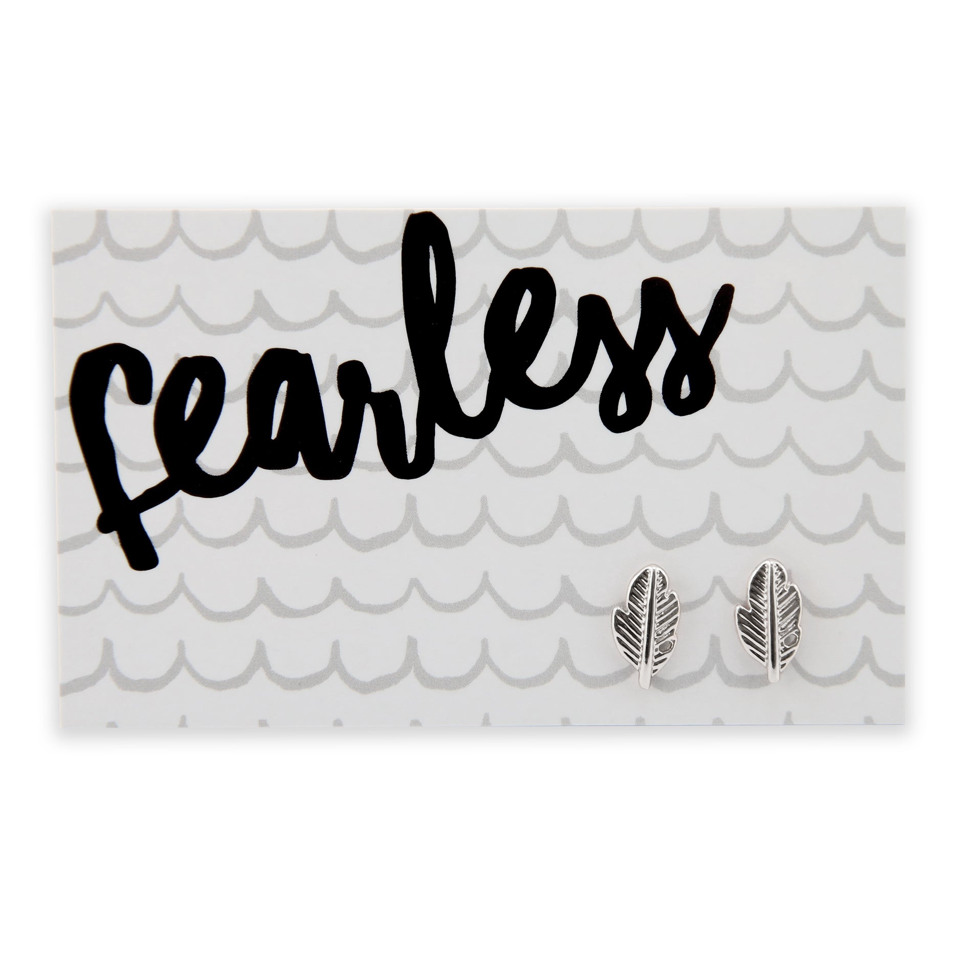 Fearless Feather Cute Earring Studs silver plated on Fearless gift card.