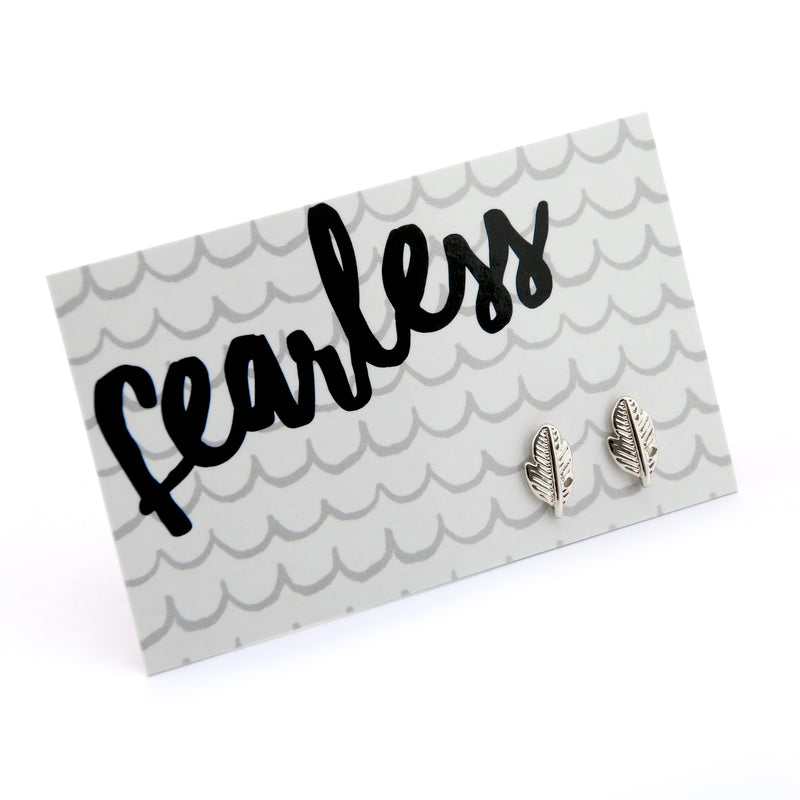 Fearless Feather Cute Earring Studs silver plated on Fearless gift card.