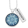Aqua and blue mandala lace print silver pendant necklace with strength charm.